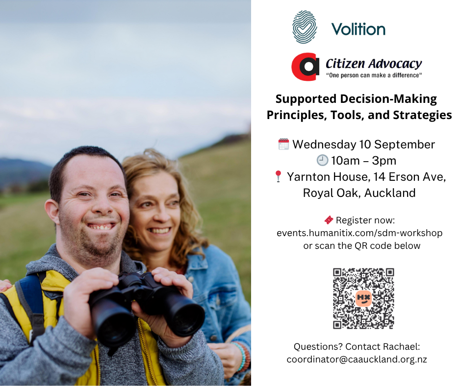 Flyer for a free workshop titled 'Supported Decision-Making: Principles, Tools, and Strategies' hosted by Volition and Citizen Advocacy