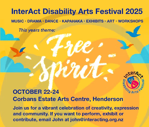 Promotional poster for the InterAct Disability Arts Festival 2025. The background is bright and colourful, with birds and abstract shapes. The theme of the event is 'Free Spirit,' written in large white text in the center.