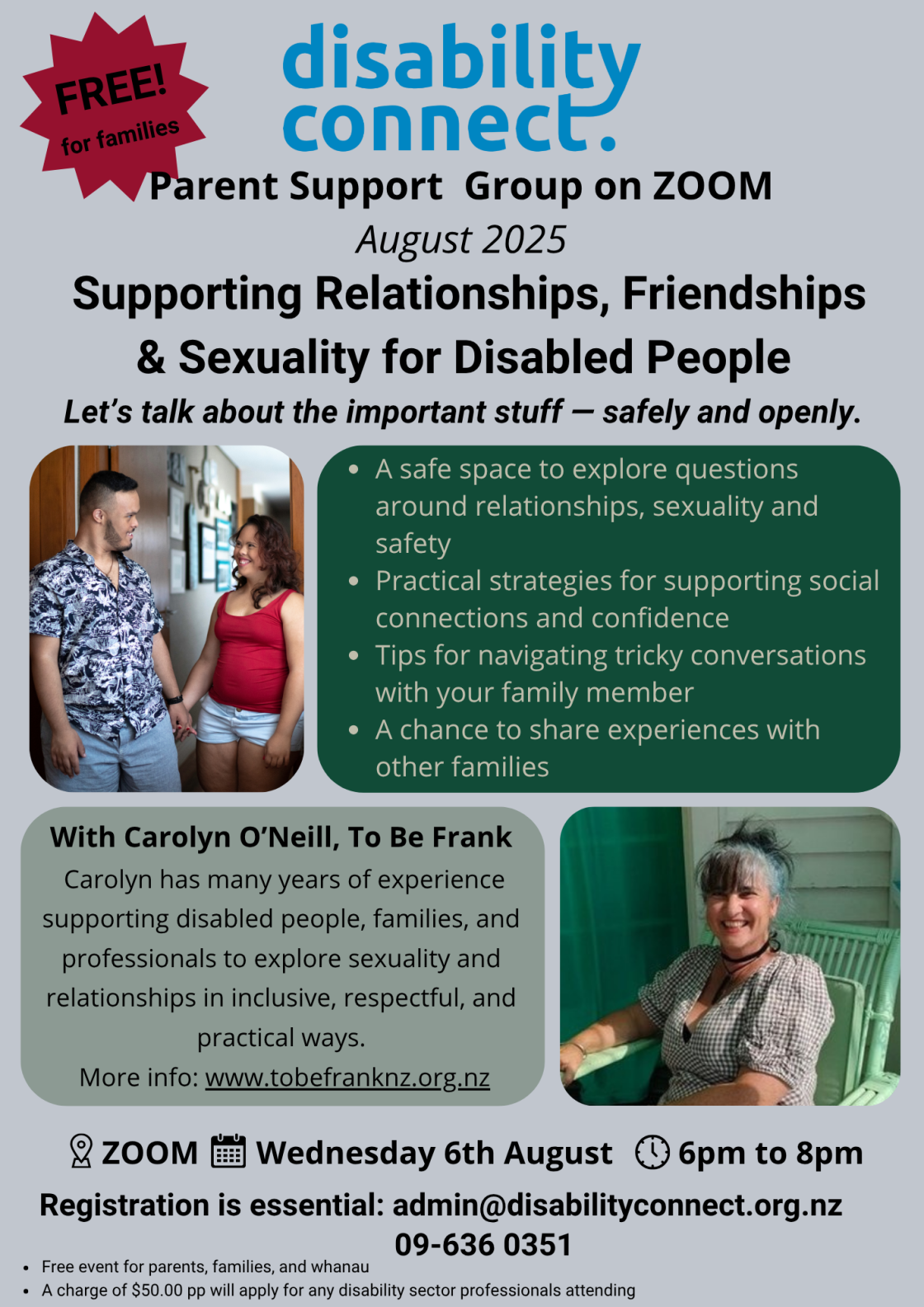 Poster for a free Zoom event hosted by Disability Connect titled