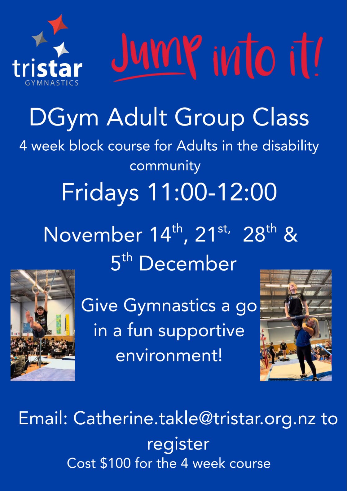 Poster for DGym Adult Group Class showing details of a 4-week gymnastics course for adults in the disability community
