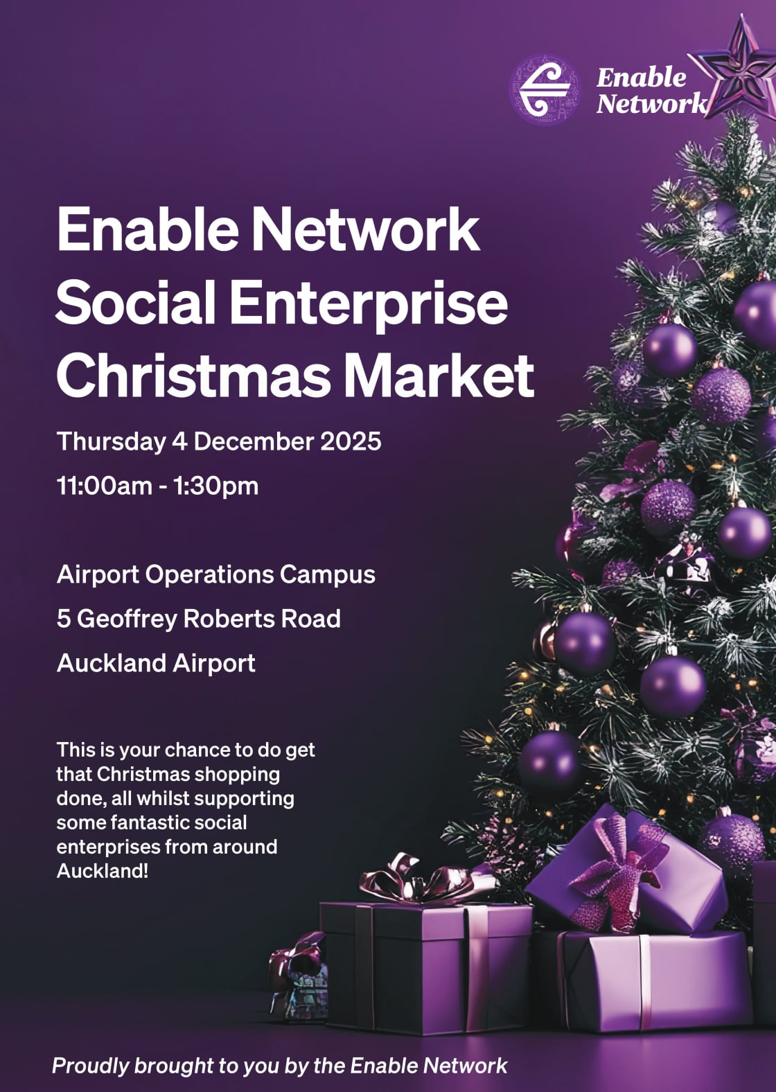Poster - purple background, christmas tree and text saying Enable Network Social Enterprise Christmas Market
