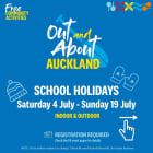 Blue poster titled “Free Community Activities – Out and About Auckland.” It features winter-themed illustrations like a hat, mittens, and a paddle. Text lists free indoor and outdoor school holiday activities from 4–19 July, with registration required and updates available on the Out and About Auckland Facebook page