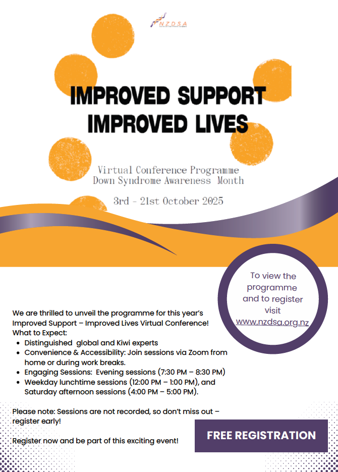 Promotional graphic for the 'Improved Support – Improved Lives' Virtual Conference during Down Syndrome Awareness Month, running from 3rd to 21st October 2025. Includes details about free registration, session times, and a link to view the programme at www.nzdsa.org.nz.