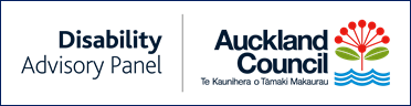 Logo of the Disability Advisory Panel and Auckland Council. The left side displays the text 'Disability Advisory Panel'. The right side features the Auckland Council logo with a stylized red pōhutukawa flower above blue waves and the text 'Auckland Council – Te Kaunihera o Tāmaki Makaurau'
