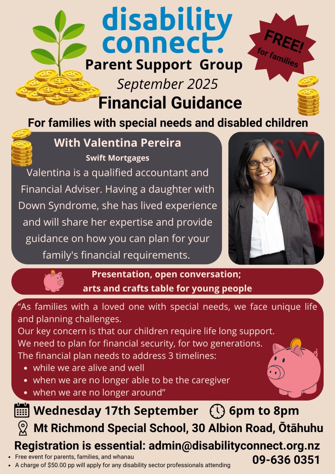 Flyer for Disability Connect's Parent Support Group event in September 2025 titled 