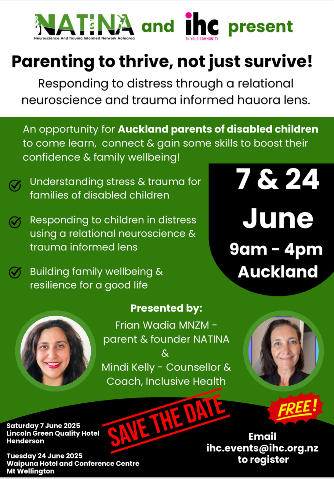 Event flyer for a workshop in Auckland for parents of Intellectually Disabled Children hosted by IHC and NATINA on 7 and 24 June
