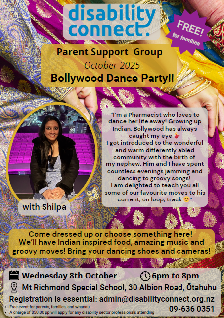 Flyer for Disability Connect's Parent Support Group event in Octoberal Guidance: For families with special needs and disabled children.