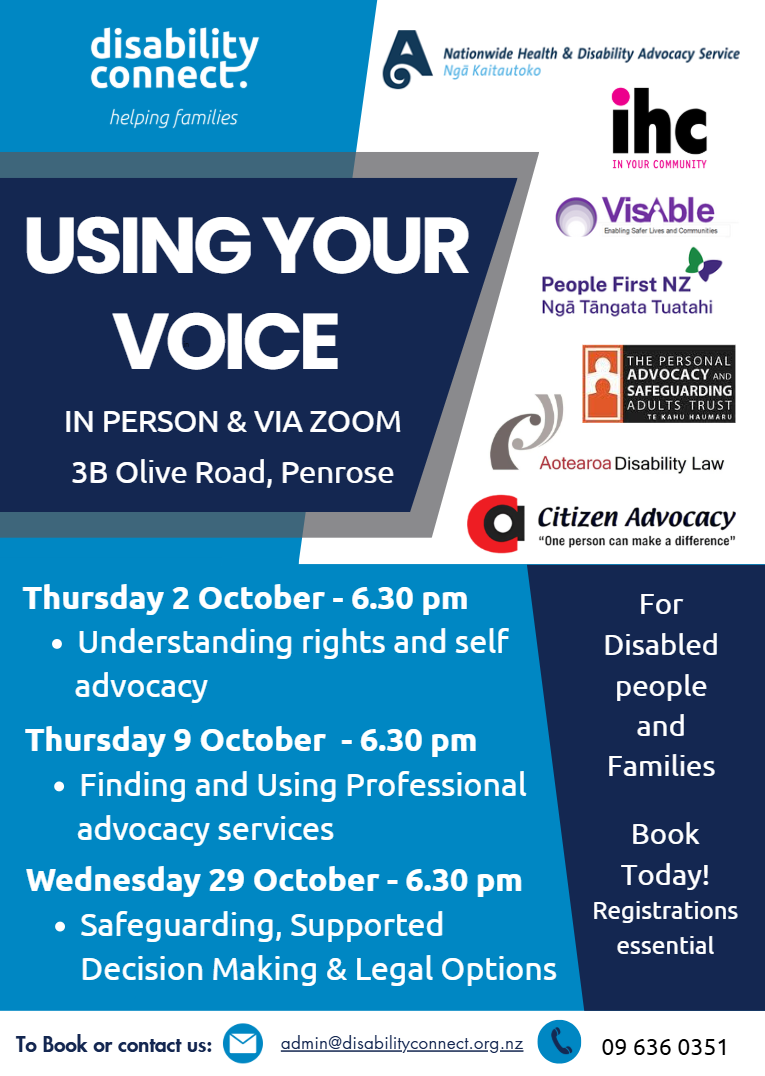Poster for Disability Connect's 'Using Your Voice' event series, happening in person and via Zoom at 3B Olive Road, Penrose