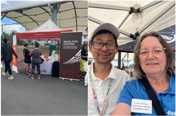 Two photos from a community event. Left: A Ngā Pou Hauora information stall under a red and white canopy, with banners and people standing and talking at the table. Right: A selfie of two smiling people standing under a canopy at the event, wearing name badges and lanyards.