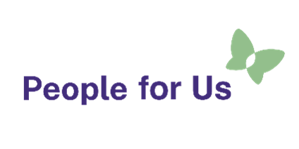 The text “People for Us” is written in bold purple letters, with a green butterfly symbol to the right.
