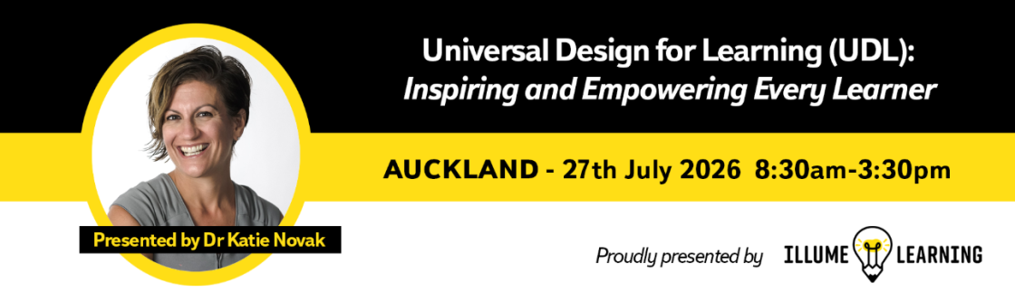 Promotional banner for a “Universal Design for Learning (UDL)” event in Auckland, including a presenter headshot, date (27 July 2026), time (8:30am–3:30pm), and organiser branding.
