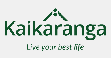 Logo with the word ‘Kaikaranga’ in green beneath a stylized geometric mountain shape, and the tagline ‘Live your best life.’