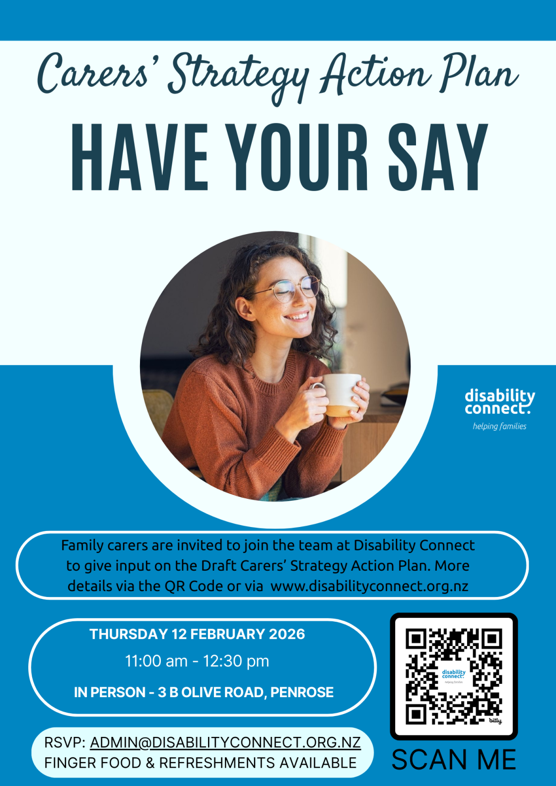 Carers NZ & MSD Invite you to Have your Say on the Draft Action Plan, Blue border and MSD logo