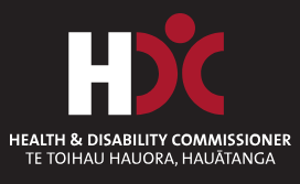Logo with large “HDC” lettering in grey and red, with the text below reading “Health & Disability Commissioner – Te Toihau Hauora, Hāuātanga” on a dark background.