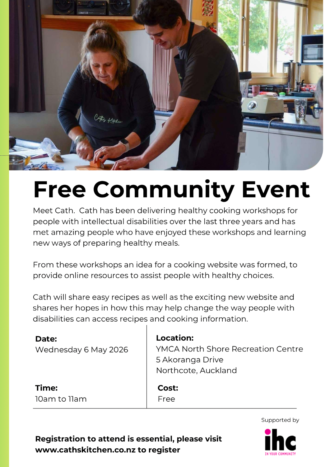 Poster for a free community cooking event, showing two people preparing food together, with event details for 6 May 2026 at YMCA North Shore, Auckland.