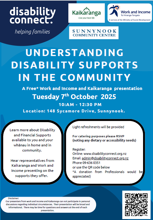Flyer for a free community event titled “Understanding Disability Supports in the Community,”.