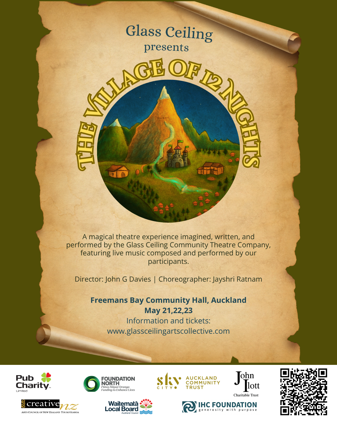 Poster for The Village of 12 Nights, a theatre production by Glass Ceiling Community Theatre Company, featuring an illustrated village and mountains on a parchment-style background