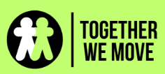 Logo on a bright green background. On the left, a black circle contains two stylized human figures, one white and one green, standing side by side. A vertical black line separates the logo from bold black text on the right that reads: “TOGETHER WE MOVE.”