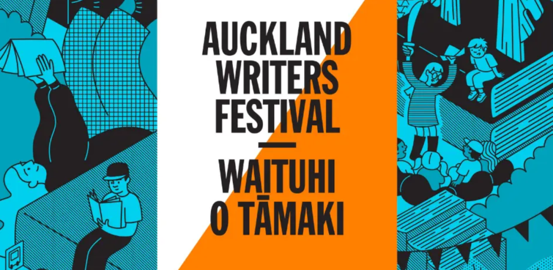 Blue and black-toned designs of people reading solo or in small groups.  In the middle on an orange and white background it reads, 'Auckland Writers Festival. Waituhi o Tāmaki.