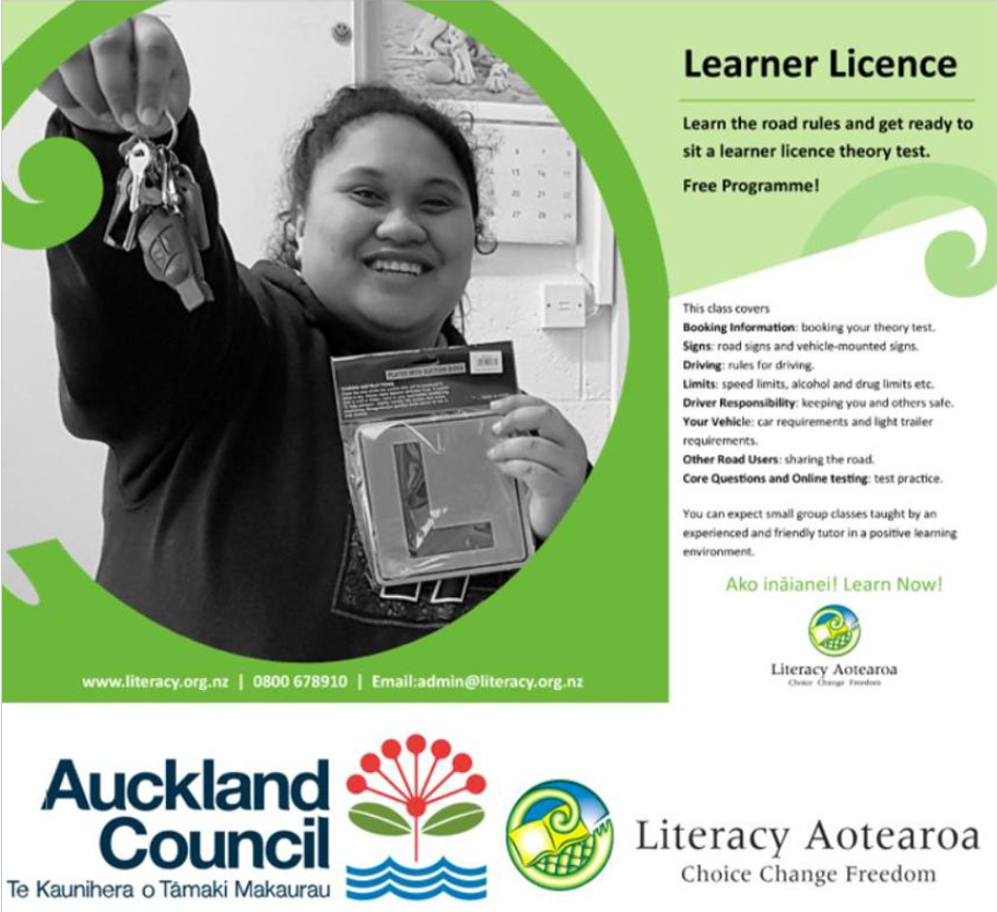 A person holds car keys and a learner license booklet, promoting a road rules class by Auckland Council and Literacy Aotearoa.