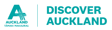 Logo for Discover Auckland, featuring an 'A' symbol and text highlighting Auckland and Tāmaki Makaurau in a vibrant teal color.