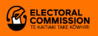 Electoral Commission logo on an orange background. The logo features a black outline of a hand placing a voting paper into a ballot box inside a circular shape. To the right, bold black text reads “Electoral Commission” with smaller text underneath in te reo Māori: “Te Kaitiaki Take Kōwhiri.”
