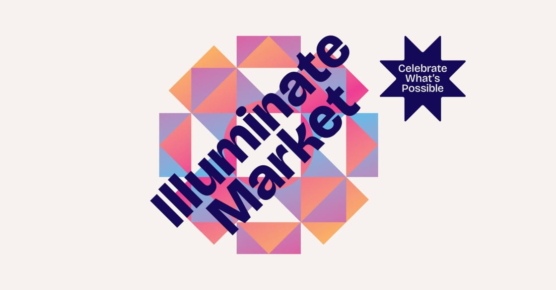 A graphic featuring the words ‘Illuminate Market’ in bold dark blue text placed diagonally across a circular arrangement of colourful geometric triangles in shades of pink, orange, purple, and blue.