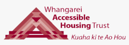 Logo for Whangārei Accessible Housing Trust featuring a stylised red triangular roof design, the organisation name in red text, and the Māori tagline “Kuaha ki te Ao Hou” on a white background.