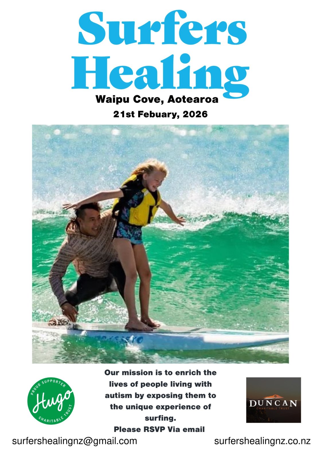 Surfer standing with a child on a surfboard with waves in the background