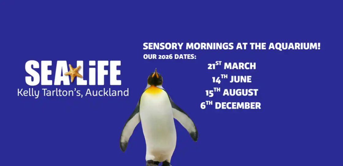 Promotional graphic for SEA LIFE Kelly Tarlton’s Auckland showing a penguin standing against a purple background. Text reads: ‘Sensory Mornings at the Aquarium! Our 2026 dates: 21st March, 14th June, 15th August, 6th December.