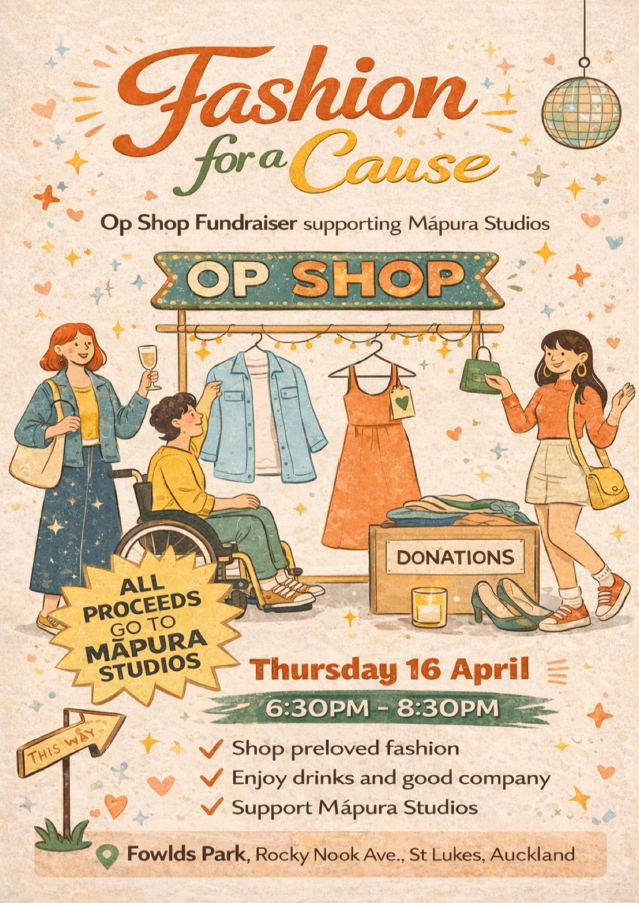 Illustrated poster promoting “Fashion for a Cause,” an op shop fundraiser supporting Māpura Studios, with event details for Thursday 16 April, 6:30–8:30 pm at Fowlds Park, St Lukes, Auckland, featuring preloved fashion, donations, and community fundraising.