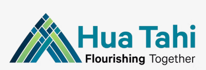Logo for Hua Tahi featuring a stylized triangular design made up of interwoven blue and green lines, resembling a woven pattern or mountain. To the right of the graphic is the text “Hua Tahi” in teal, with the tagline “Flourishing Together” in black.