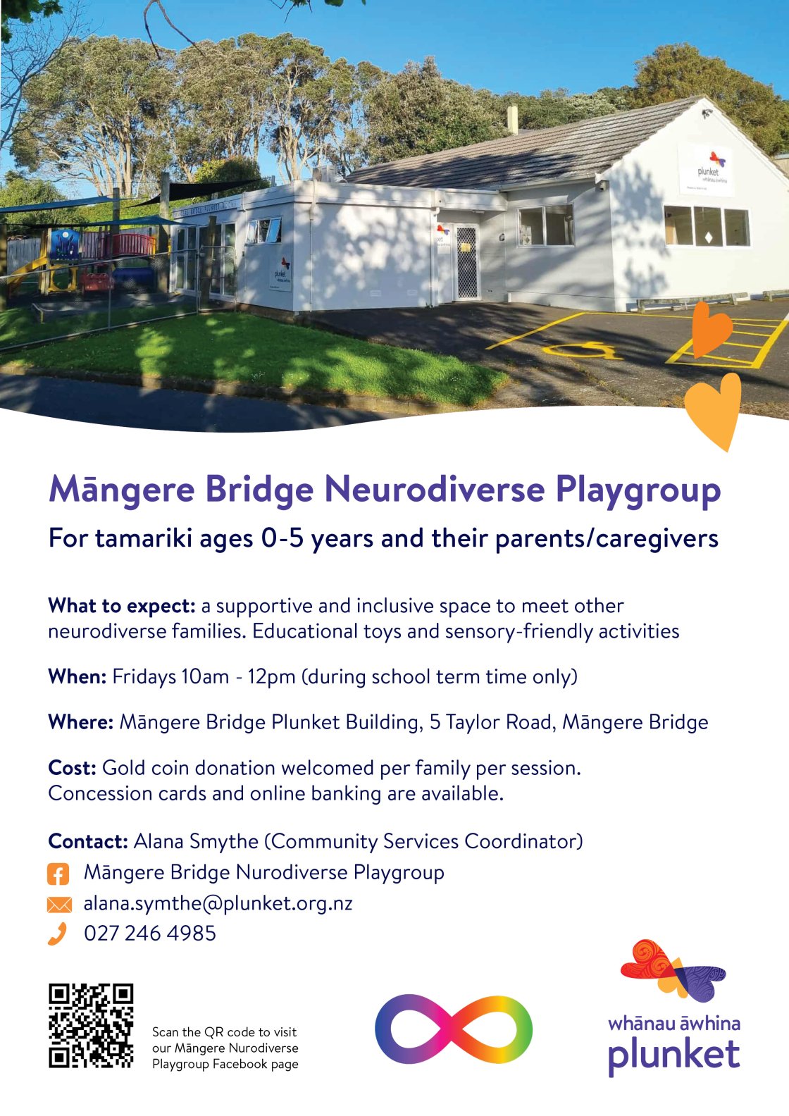 Poster for “Māngere Bridge Neurodiverse Playgroup.” The background shows a white building with a red Plunket logo, surrounded by green grass and trees under a blue sky