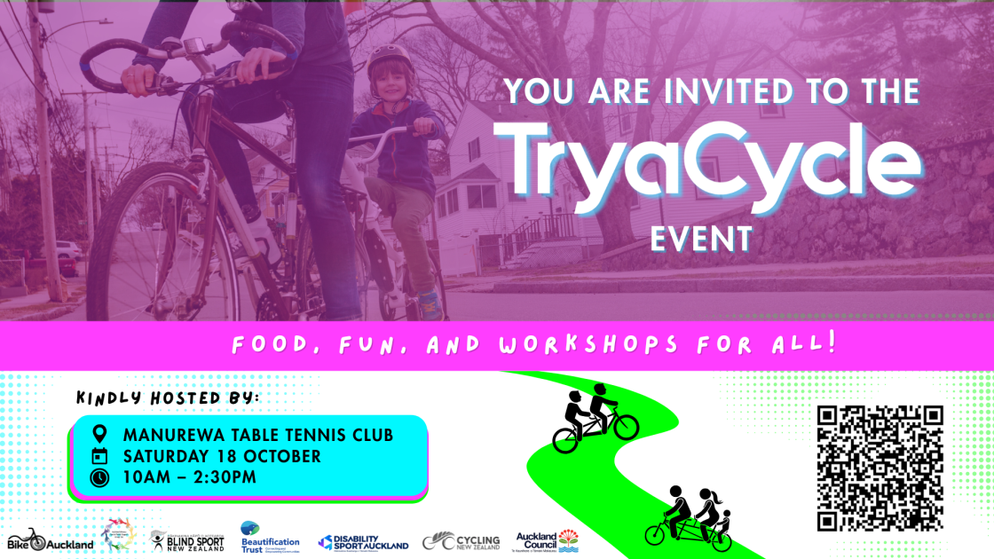 nvitation poster for the TryaCycle event hosted by Manurewa Table Tennis Club on Saturday, 18 October from 10 AM to 2:30 PM. The event features food, fun, and workshops for all
