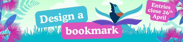 Colourful banner with the text “Design a bookmark” and “Entries close 26th April,” featuring a stylised bird flying above an open book, surrounded by leaves and bright, playful foliage on a light green background.
