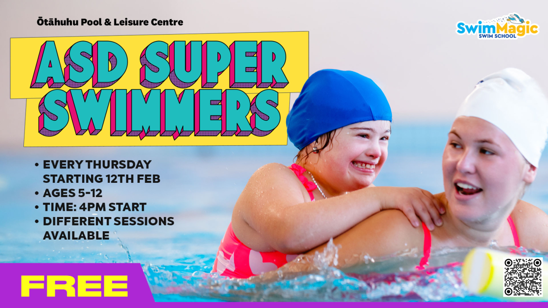 Promotional image for Ōtāhuhu Pool & Leisure Centre’s ‘ASD Super Swimmers’ programme. Two children in swim caps are practicing swimming in a pool.