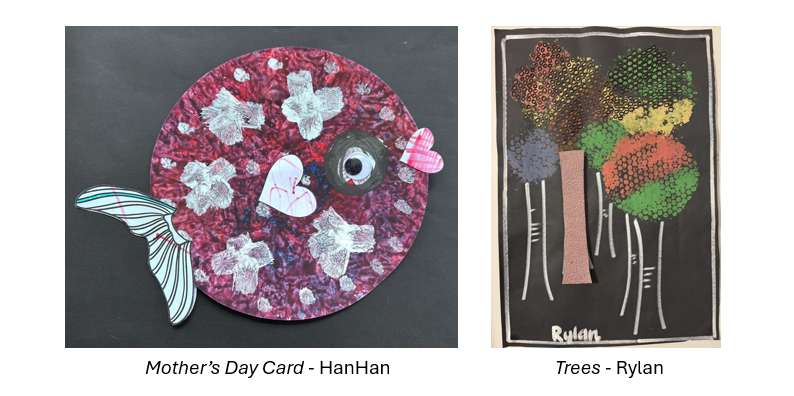 A colorful fish-shaped Mother's Day card by HanHan and a vibrant tree artwork by Rylan, displayed side by side.