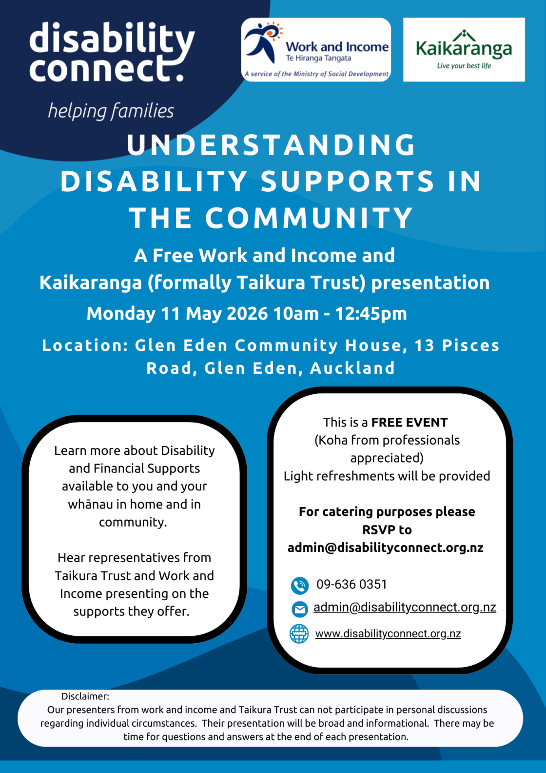A promotional poster titled ‘Understanding Disability Supports in the Community,’ presented by Disability Connect, Work and Income, and Kaikaranga.