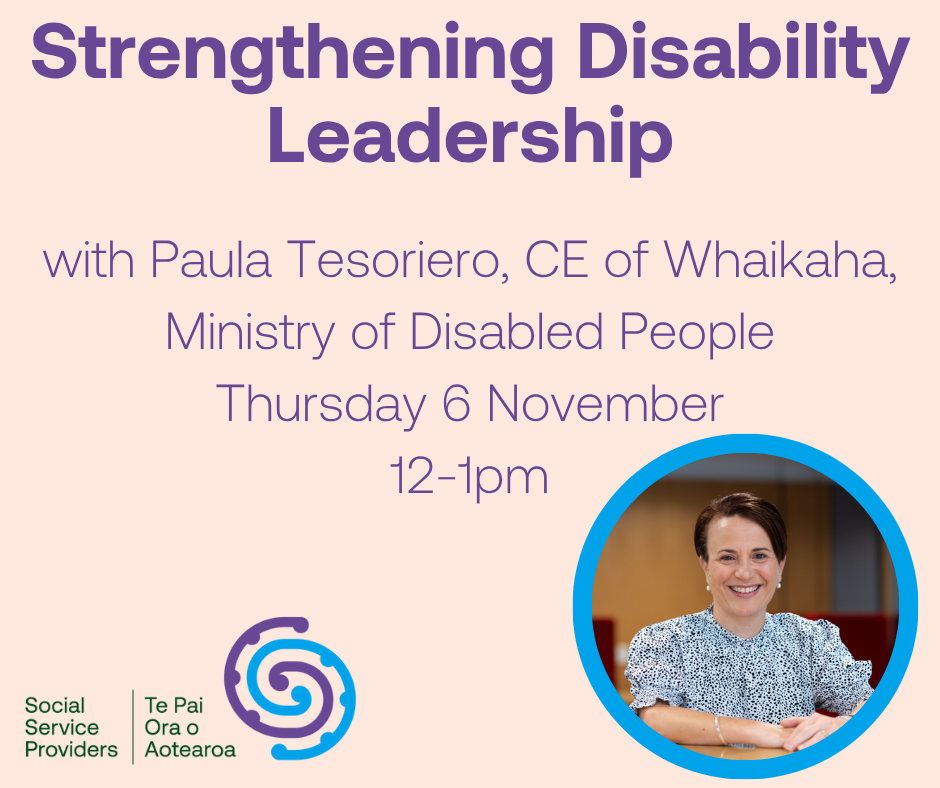 Graphic with a light pink background promoting an event titled “Strengthening Disability Leadership.”