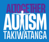 A logo on a blue background featuring a white silhouette of a person standing with arms outstretched. Above the silhouette is the word ‘ALTOGETHER’ in purple, and below it the word ‘AUTISM’ in large white letters. The word ‘TAKIWĀTANGA’ appears underneath in smaller white text.