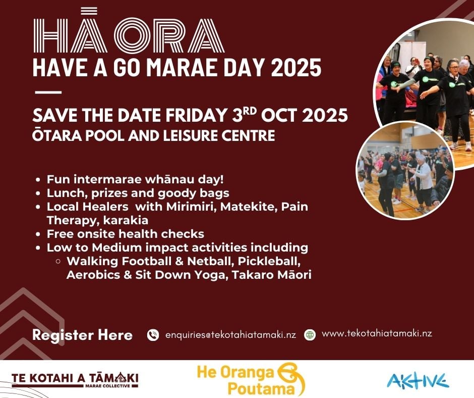 Event poster for Hā Ora – Have a Go Marae Day 2025, happening on Friday 3rd October at Ōtara Pool and Leisure Centre