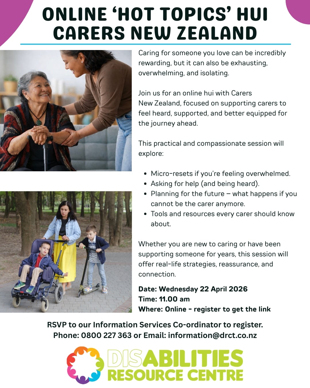 Poster promoting an online “Hot Topics” hui by Carers New Zealand, with support-focused topics for carers and event details for Wednesday 22 April 2026 at 11:00 am.