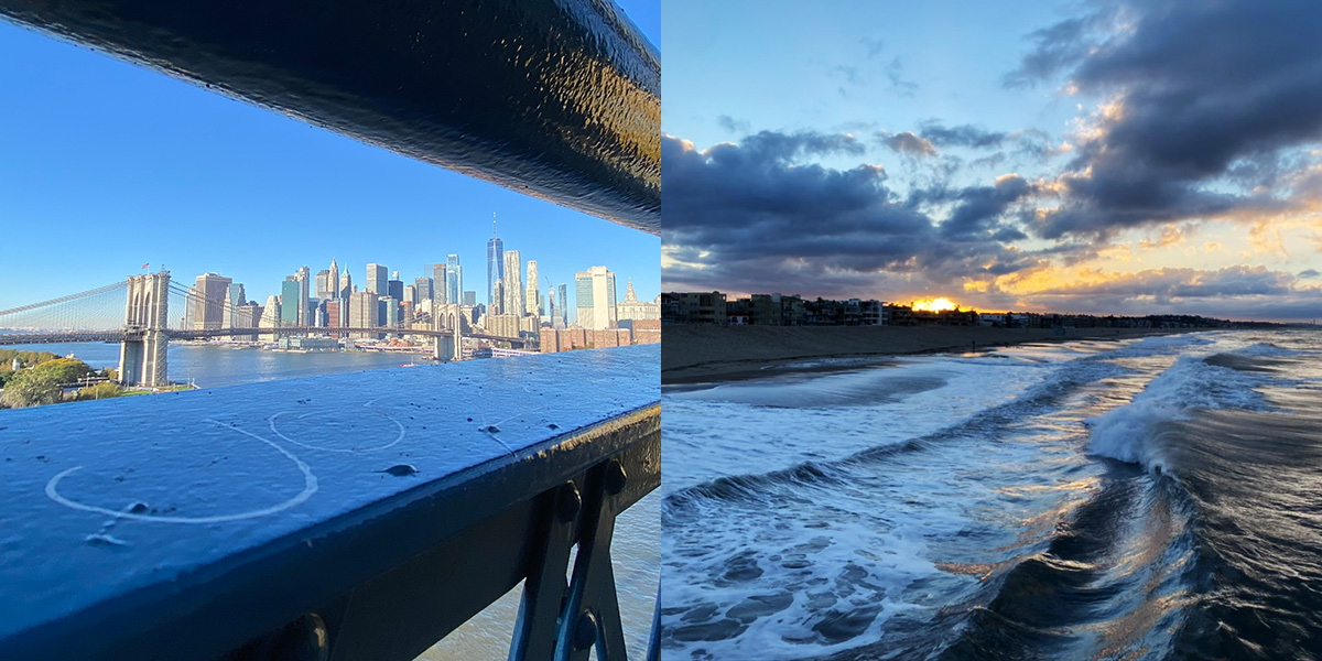 Two photos: on the left, the Brooklyn Bridge and lower Manhattan framed by thick railings (of the Manhattan Bridge). On the right: a sunrise over low silhouetted buildings with the ocean and a curling wave in the foreground