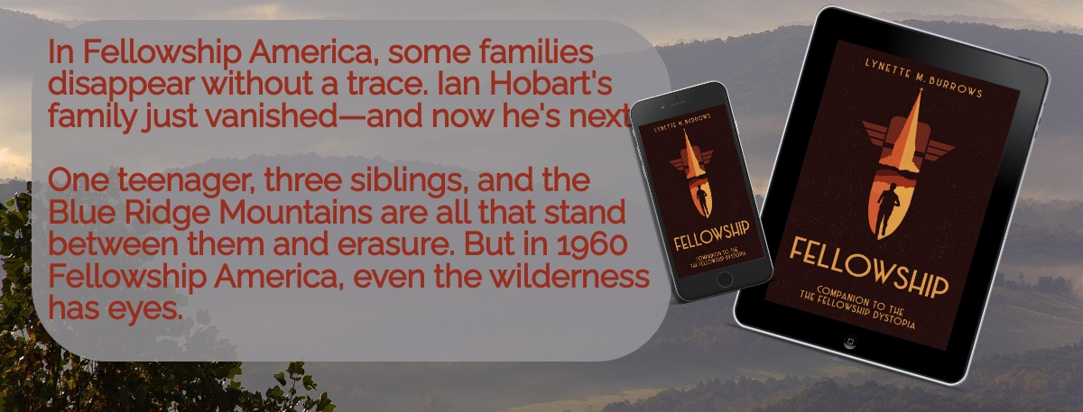 Shows how the ebook Fellowship looks on an iPad or iPhone or similar device against a photo of four shadowy figures running down a tree lined street away from the camera with a lone streetlight revealing autumn leaves
