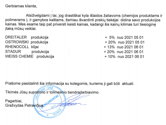 INFORMACIJA APIE KAINŲ PASIKEITIMUS
