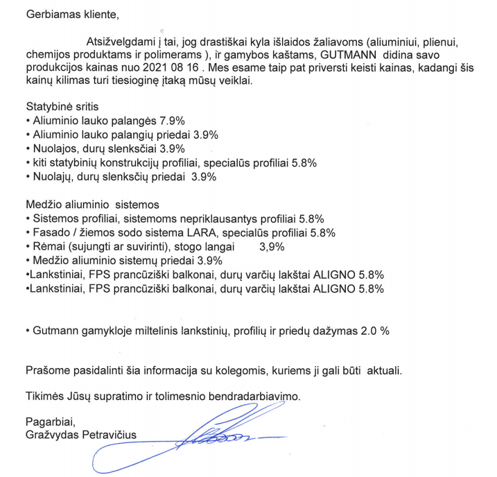 INFORMACIJA APIE KAINŲ PASIKEITIMUS