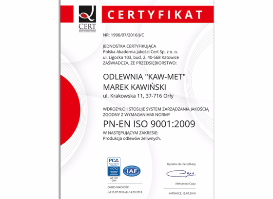 Найвищі стандарти виробництва підтверджені сертифікацією PN-EN ISO 9001