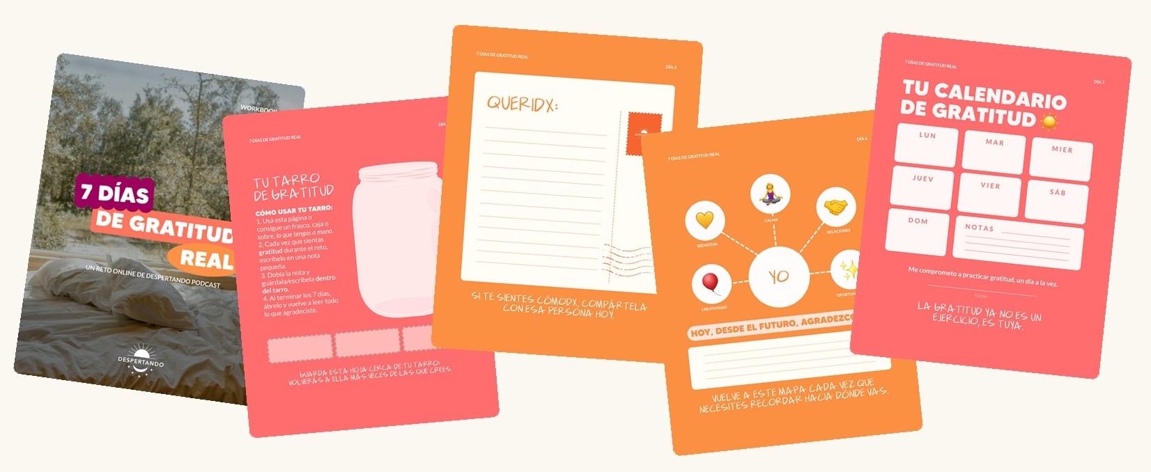 Flatlay de los descargables del reto 7 Días de Gratitud Real