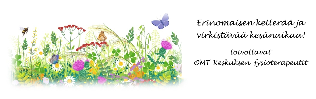 Piirretty kevätkukat. OMT-Keskuksen fysioterapeutit toivottavat erinomaisen virkistävää ja ketterää kesää