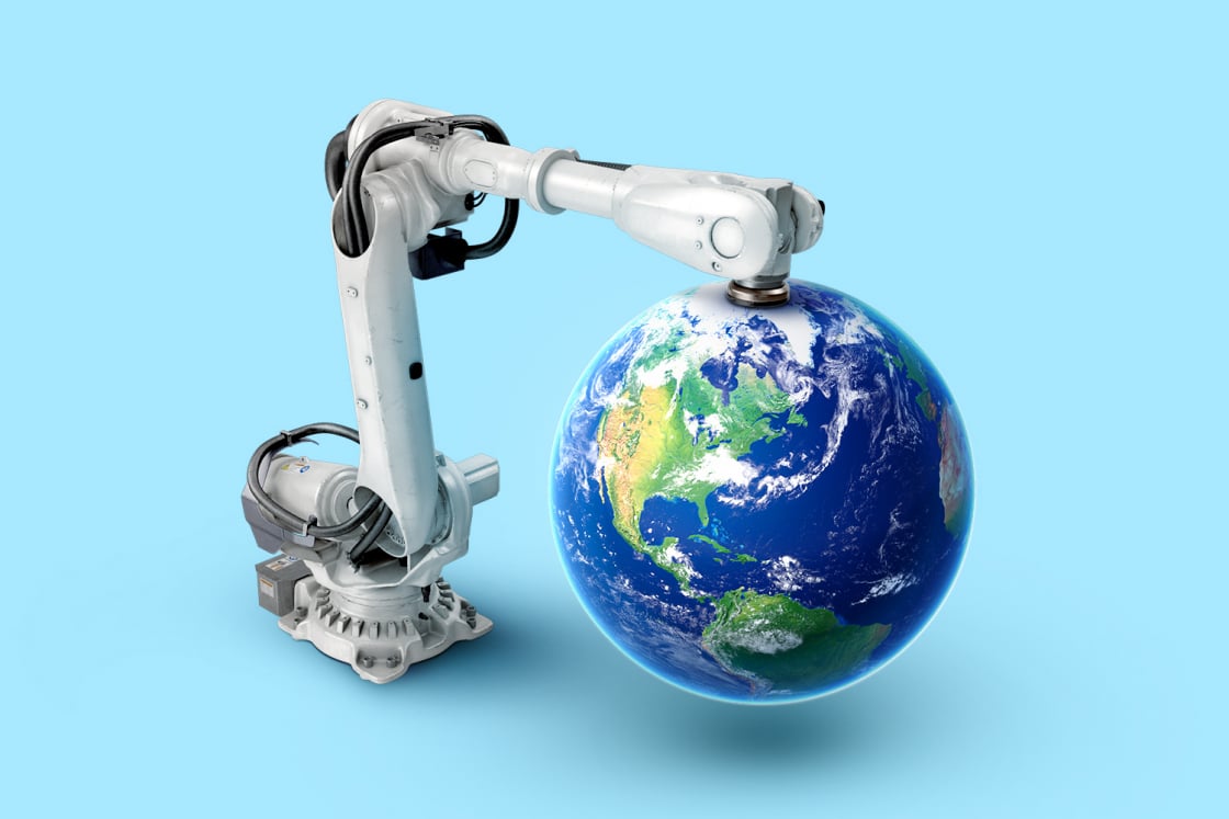 Picture of globe with robot holding it